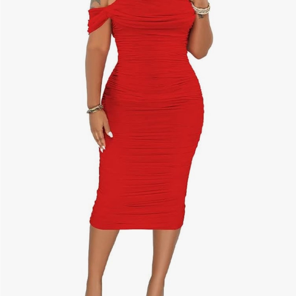 Amazon Red Ruched Cold Shoulder Bodycon Dress